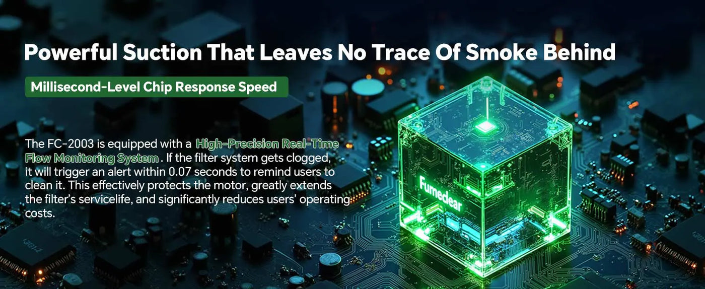 Fumeclear FC-2003 high-precision flow monitoring system with 0.07-second clog alert to protect motor and extend filter life