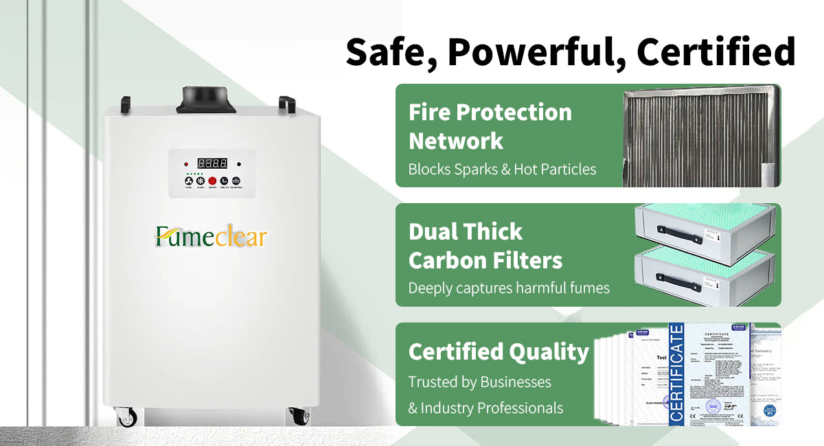 FC-350 laser fume extractor with stainless steel fire mesh, dual thick carbon filtration and certified industrial-grade design in laser processing environment