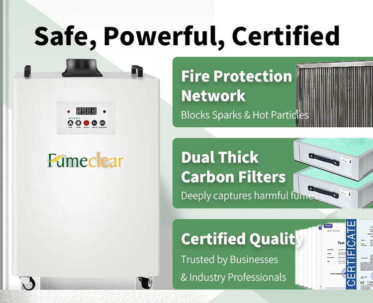 FC-350 laser fume extractor featuring fire mesh protection, dual carbon filters and trusted certified performance
