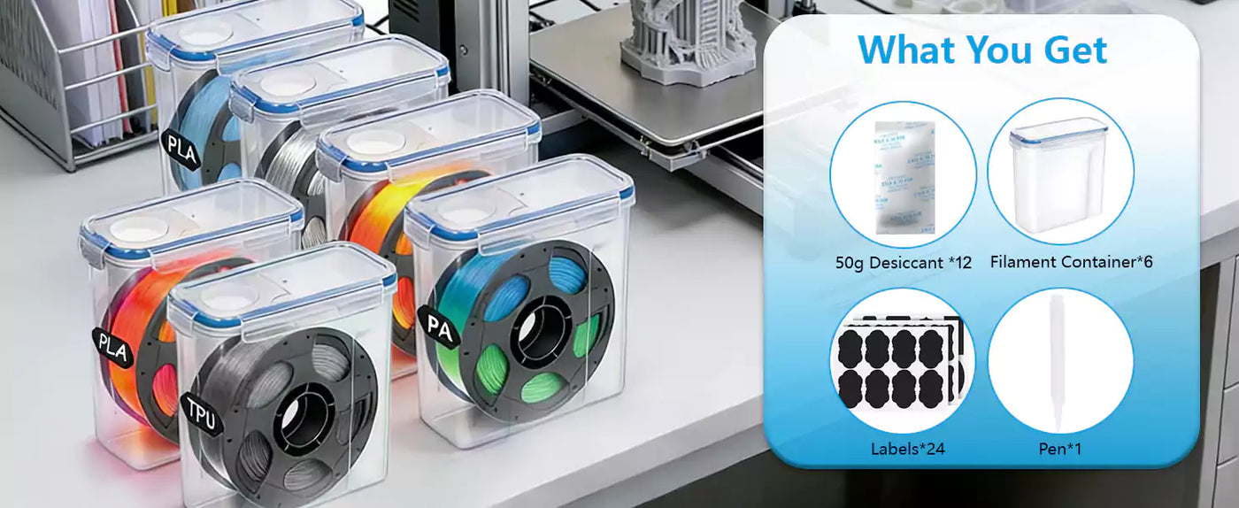 fumeclear 6 pack filament storage box set with 3D printer, moistureproof dustproof reusable filament dryer boxes for PLA TPU PETG PA