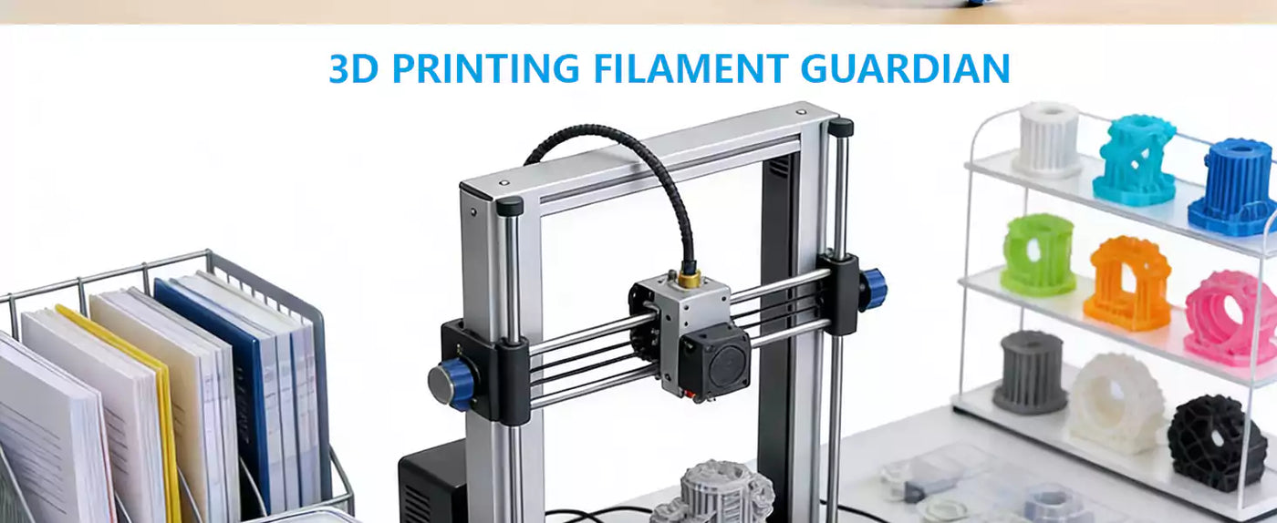 fumeclear 3D Printing Filament Guardian protecting filament next to 3D printer with high quality printed objects