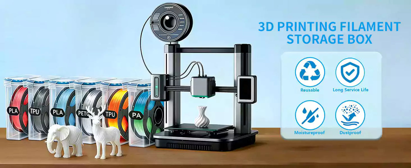 fumeclear 3D Printing Filament Guardian protecting filament next to 3D printer with high quality printed objects
