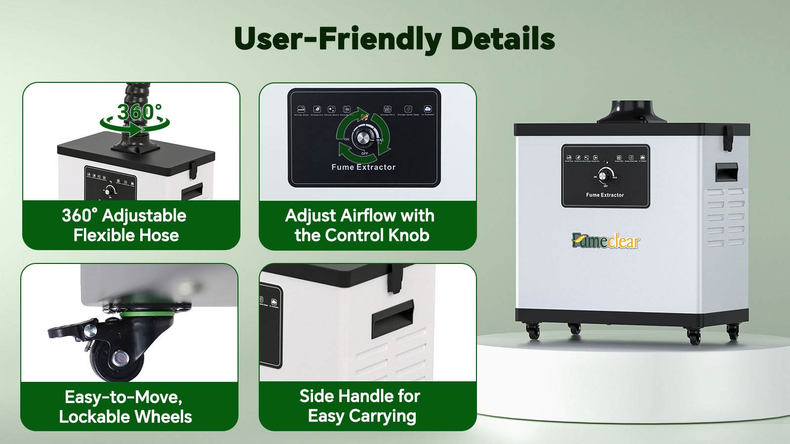 Fumeclear FC-1001A fume extractor for under 30W laser engraver and soldering user-friendly details including 360° flexible hose, control knob, lockable wheels and side handle