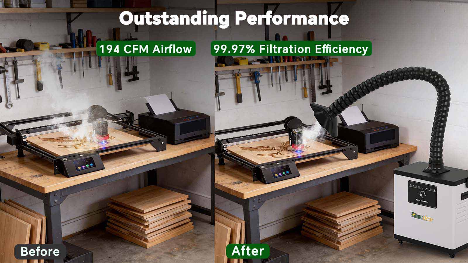Before and after using Fumeclear FC-1001A fume extractor for under 30W laser engraver showing 194 CFM airflow and 99.97% filtration