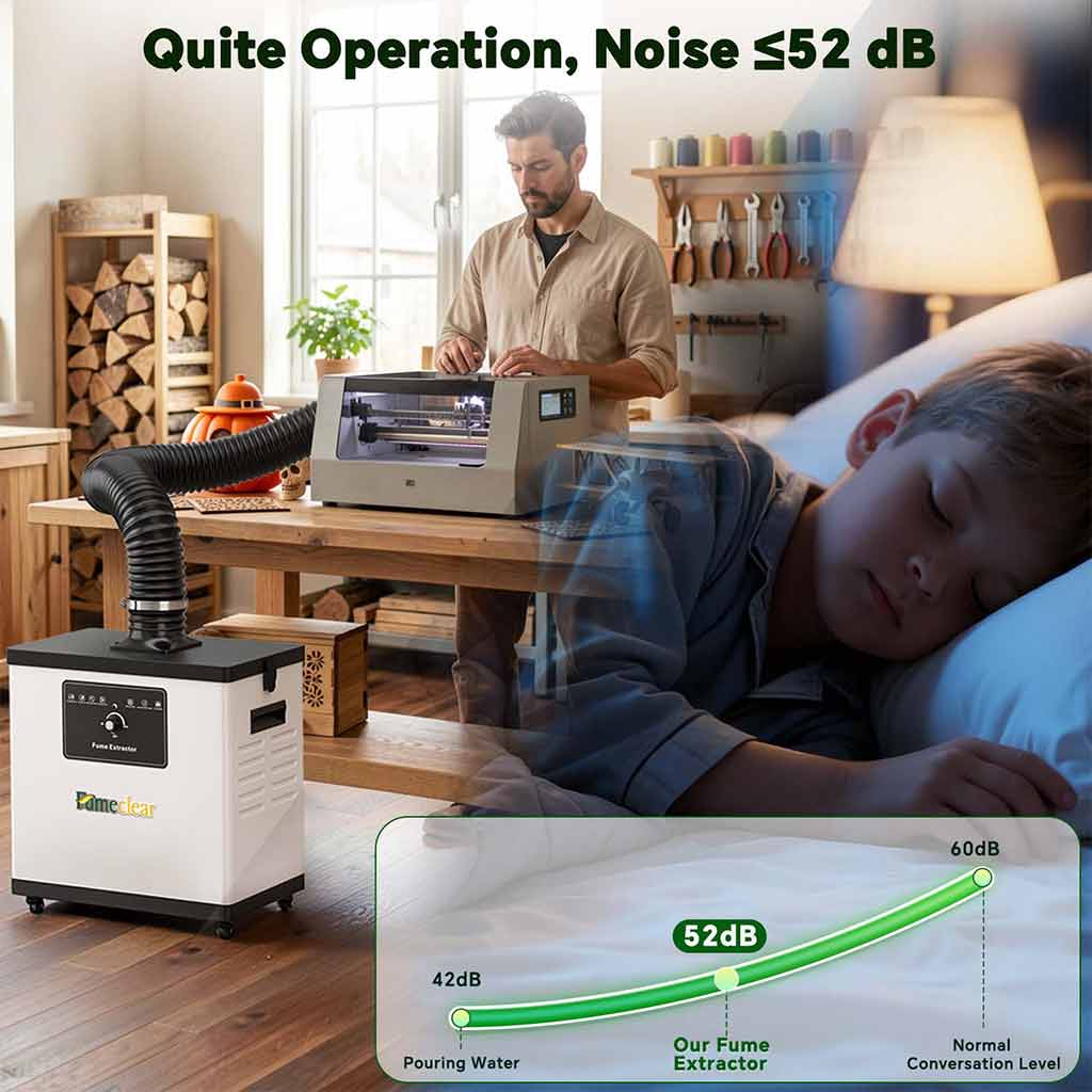 Fumeclear FC-1001A quiet fume extractor for under 30W laser engraver and soldering with noise ≤52dB, suitable for home workshop