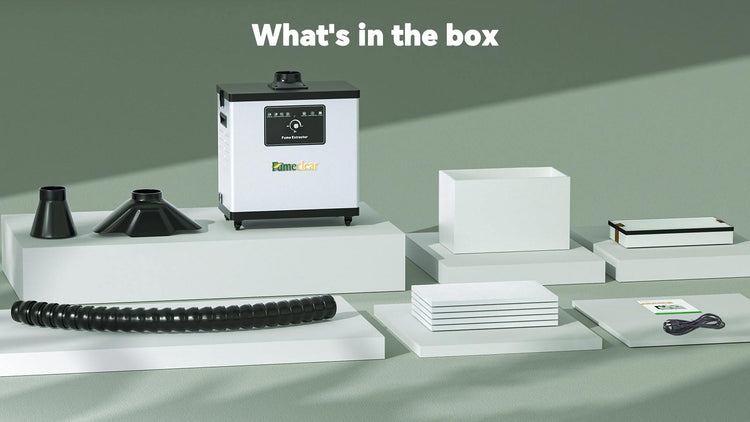 Fumeclear FC-1001A fume extractor for under 30W laser engraver and soldering what's in the box including flexible hose, nozzle, filters and power cord