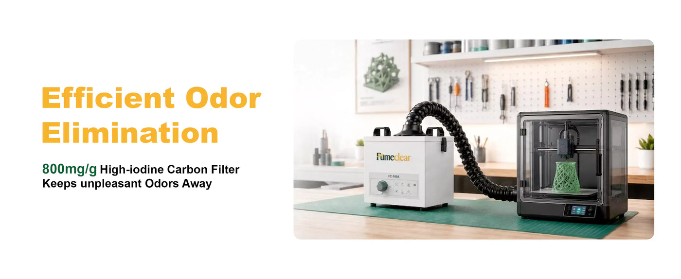 Efficient odor elimination with FumeClear FC-100A and high-iodine activated carbon filter while 3D printing