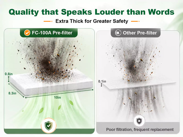 FumeClear FC-100A extra thick pre-filter (0.8in) vs thin competitor pre-filter - superior dust and spark protection