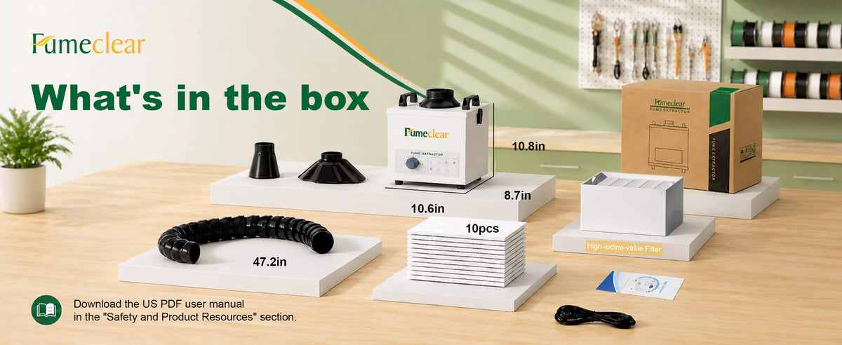 FumeClear FC-100A fume extractor package contents - main unit, flexible hose, filters, nozzles and accessories
