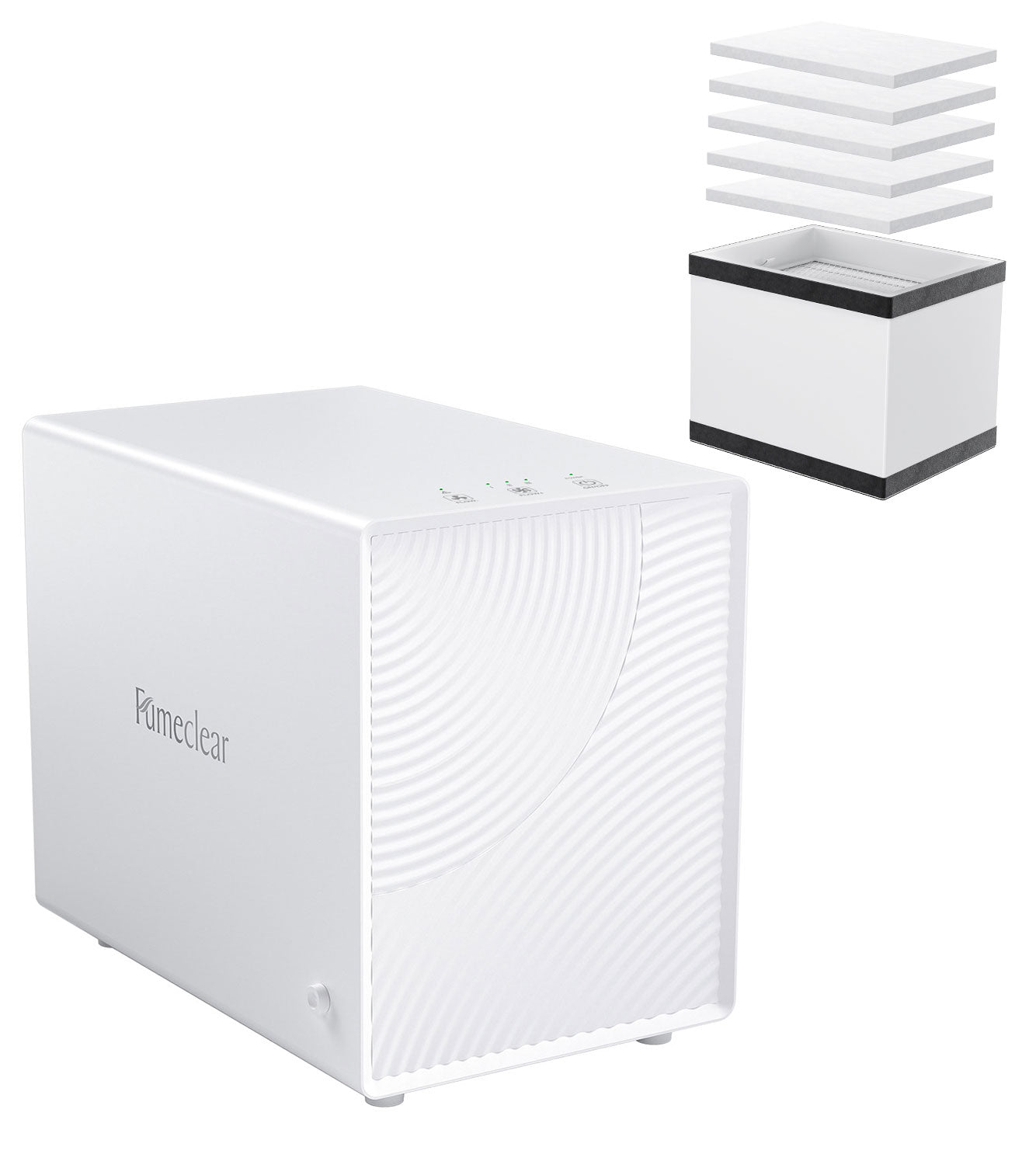 FumeClear FC-2001X desktop laser fume extractor with exploded view of triple-stage filtration: pre-filter, HEPA H13, and activated carbon layers for 99.97% smoke and odor removal.