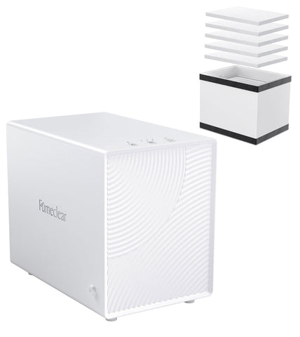 FumeClear FC-2001X desktop laser fume extractor with exploded view of triple-stage filtration: pre-filter, HEPA H13, and activated carbon layers for 99.97% smoke and odor removal.