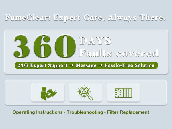 FumeClear offers 360 days faults covered and 24/7 expert support for FC-2001X laser fume extractor – hassle-free solution and reliable after-sales service