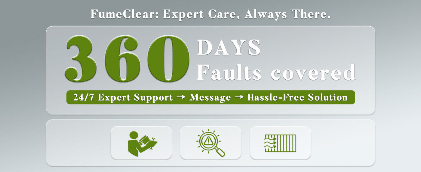 FumeClear offers 360 days faults covered and 24/7 expert support for FC-2001X laser fume extractor – hassle-free solution and reliable after-sales service