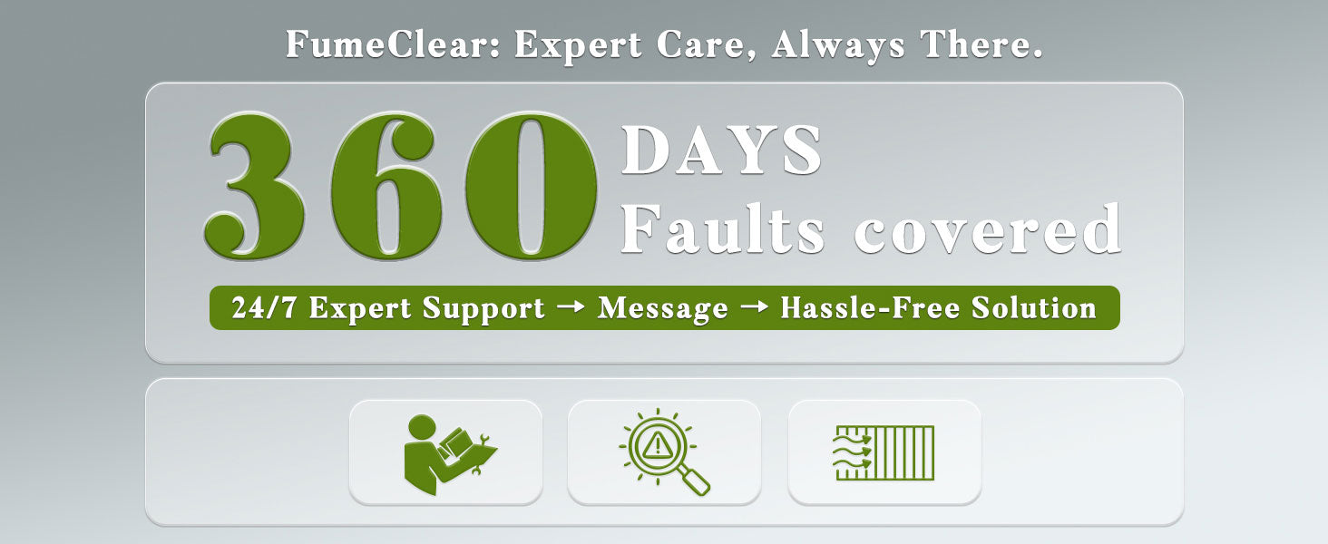 FumeClear offers 360 days faults covered and 24/7 expert support for FC-2001X laser fume extractor – hassle-free solution and reliable after-sales service