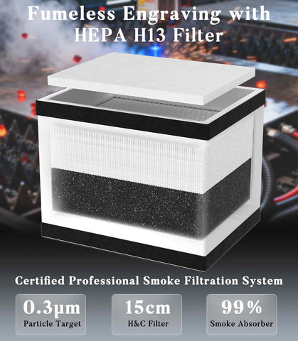 FumeClear FC-2001X laser fume extractor featuring certified HEPA H13 professional smoke filtration system, capturing 99.97% of 0.3-micron particles with 15cm thick HEPA & activated carbon filter for fumeless laser engraving
