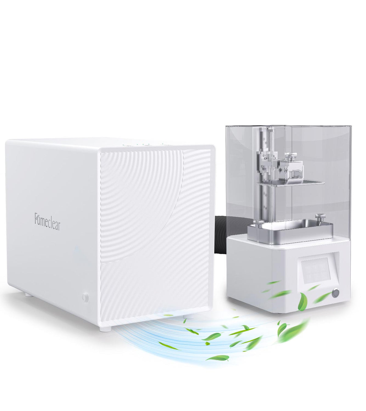 FumeClear FC-2001X portable laser fume extractor connected to laser engraver, effectively removing harmful smoke and releasing clean air for safe home workshop engraving. 