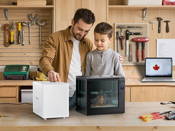 FumeClear affiliate partner  demonstrating compact  fume extractor in a cozy home workshop setting for safe and clean creative sessions