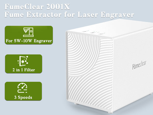FumeClear FC-2001X fume extractor for 5W-10W laser engravers in home workshop – features 2-in-1 filter and 3-speed control for efficient smoke removal