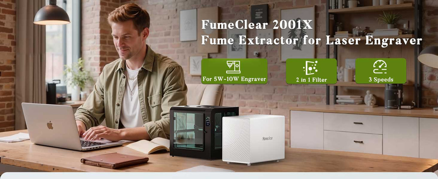 FumeClear FC-2001X fume extractor for 5W-10W laser engravers in home workshop – features 2-in-1 filter and 3-speed control for efficient smoke removal