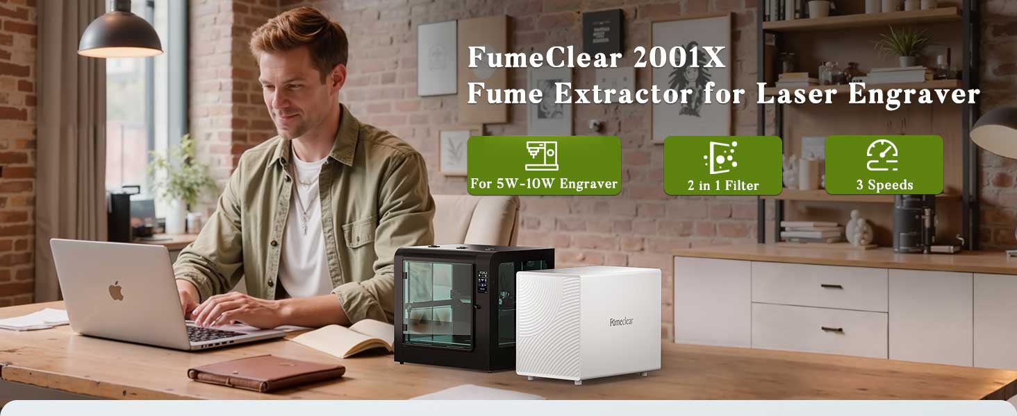 FumeClear FC-2001X fume extractor for 5W-10W laser engravers in home workshop – features 2-in-1 filter and 3-speed control for efficient smoke removal