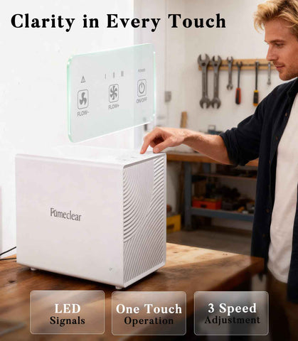 Intuitive one-touch operation on FumeClear FC-2001X desktop laser fume extractor with clear LED signals and 3-speed suction adjustment for effortless control