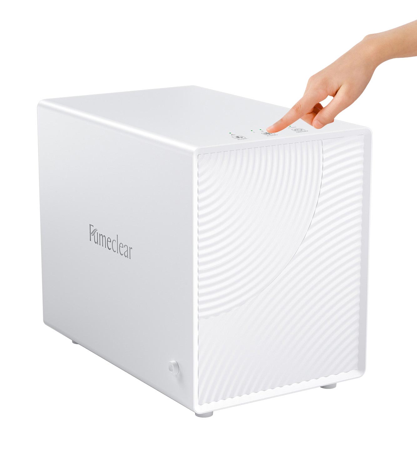 Close-up of FumeClear FC-2001X laser smoke purifier showing intuitive touch-sensitive controls and real-time LED indicators for easy suction adjustment.