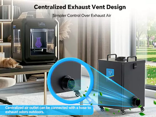 Fumeclear FC-2002A centralized exhaust vent connected to 3D printer for outdoor odor 