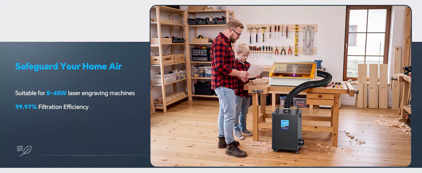 Fumeclear FC-2002A protecting home air quality with father and son using laser engraver
