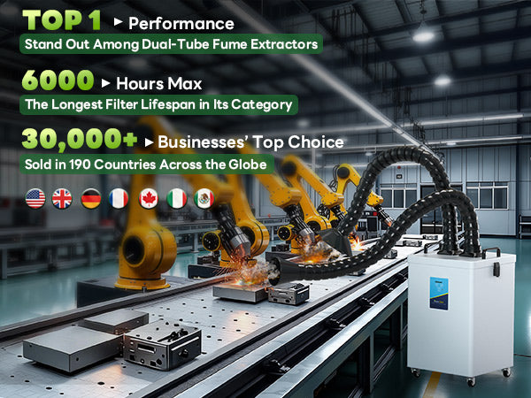 Fumeclear FC-2003 dual-tube fume extractor in industrial laser welding and engraving setup with robotic arms capturing smoke