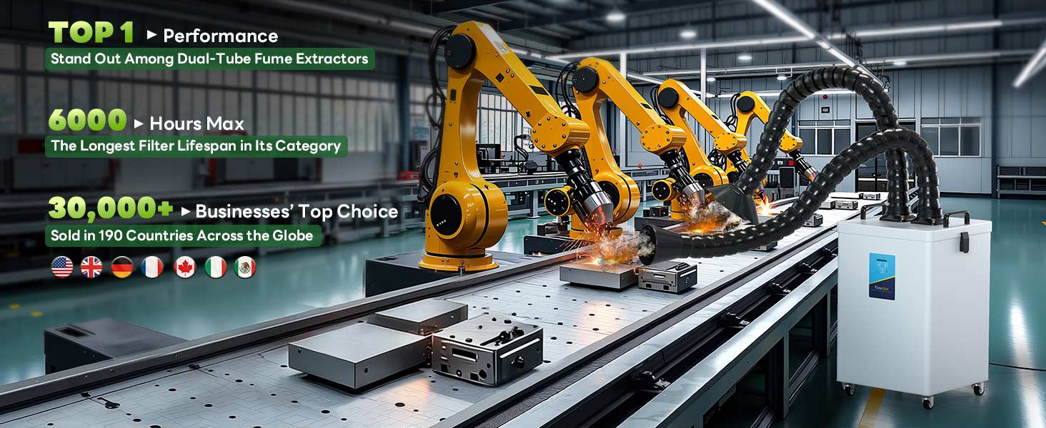 Fumeclear FC-2003 dual-tube fume extractor in industrial laser welding and engraving setup with robotic arms capturing smoke