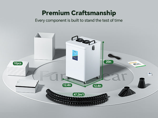 Fumeclear FC-2003 portable fume extractor dimensions 20in height with flexible arms, pre-filters pack, remote, and premium craftsmanship details