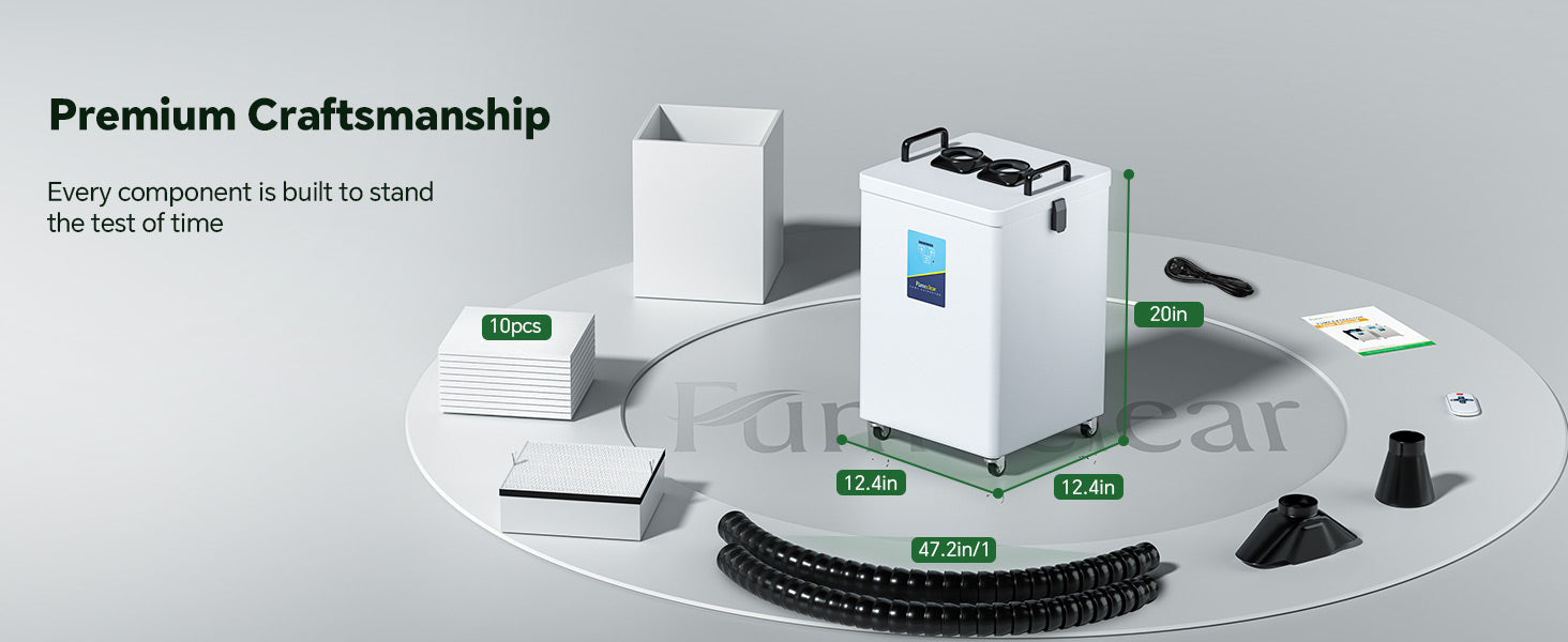 Fumeclear FC-2003 portable fume extractor dimensions 20in height with flexible arms, pre-filters pack, remote, and premium craftsmanship details