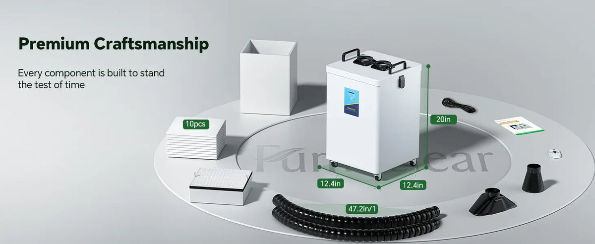 Fumeclear FC-2003 portable fume extractor dimensions 20in height with flexible arms, pre-filters pack, remote, and premium craftsmanship details