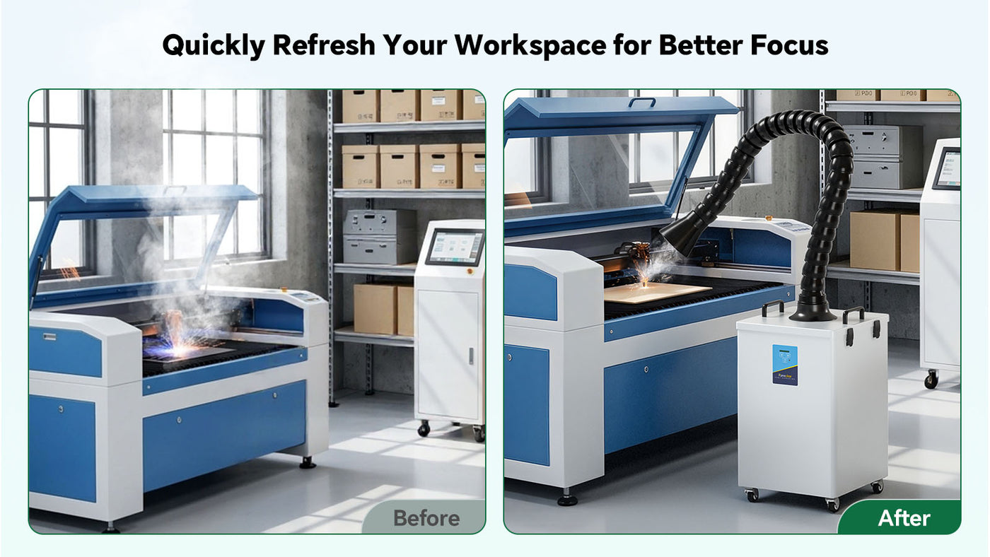 Before and After comparison - Fumeclear FC-2004 fume extractor quickly removes smoke from laser engraving machine for cleaner workspace