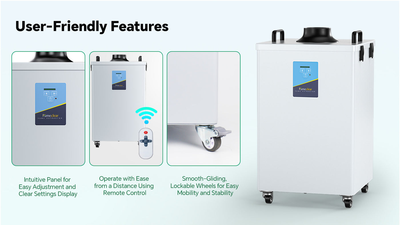 Fumeclear FC-2004 fume extractor user-friendly features: intuitive control panel, wireless remote control, and lockable wheels
