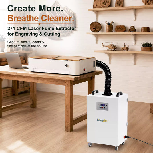 FumeClear 271 CFM laser fume extractor for engraving and cutting, providing clean air and particle filtration at the source.
