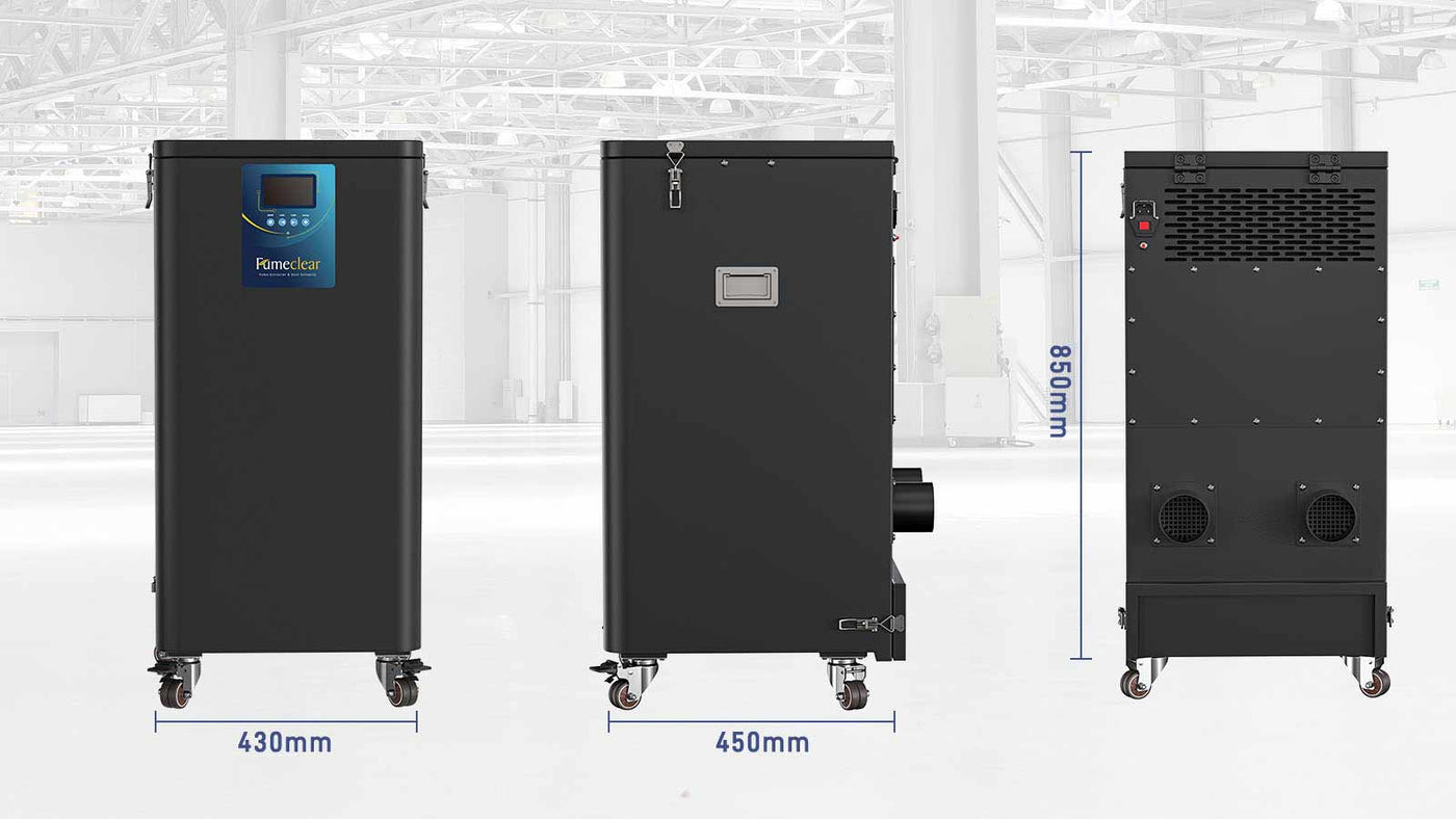Fumeclear FC-700 industrial dust collector dimensions - front, side and rear view with size 430mm × 450mm × 850mm