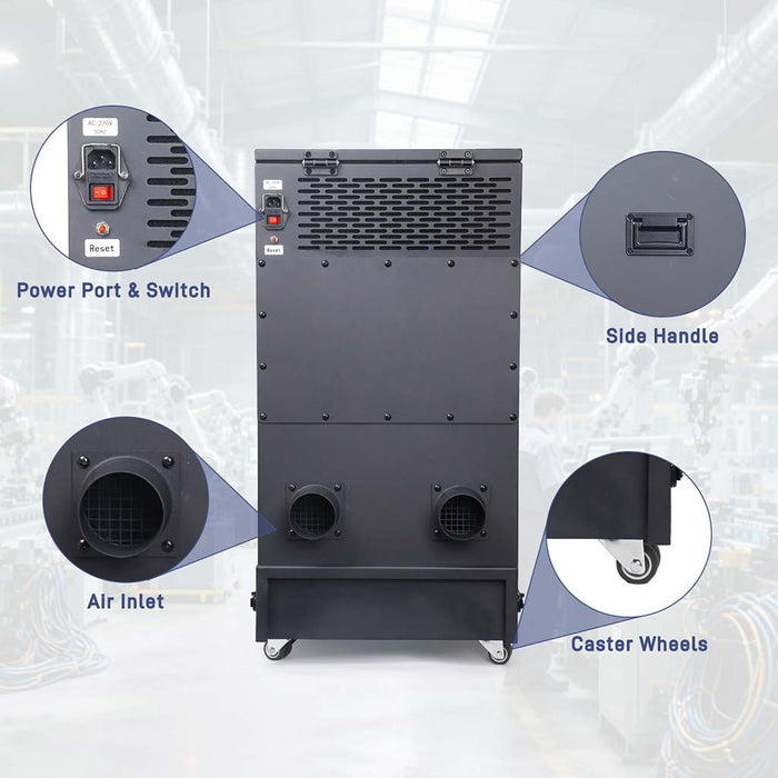 Fumeclear FC-700 dust collector rear details showing power port, air inlets, side handle and lockable caster wheels