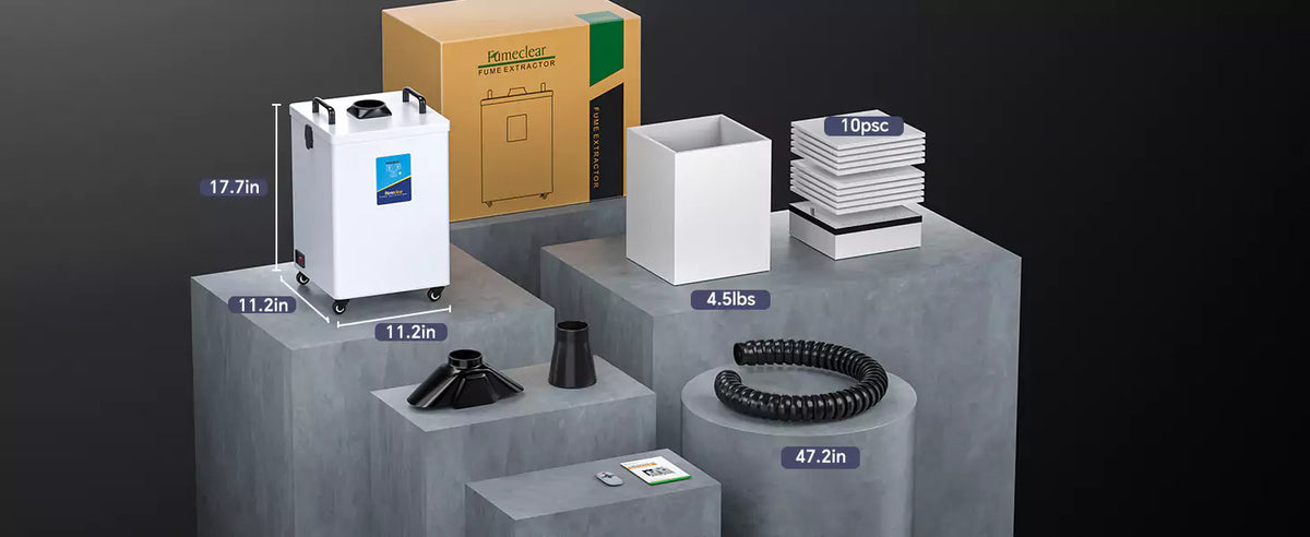 Dimensions and packaging list of the Fumeclear FC-2002 fume extractor showing the main unit, carbon filter, 10-piece pre-filters, remote control, and exhaust hose.