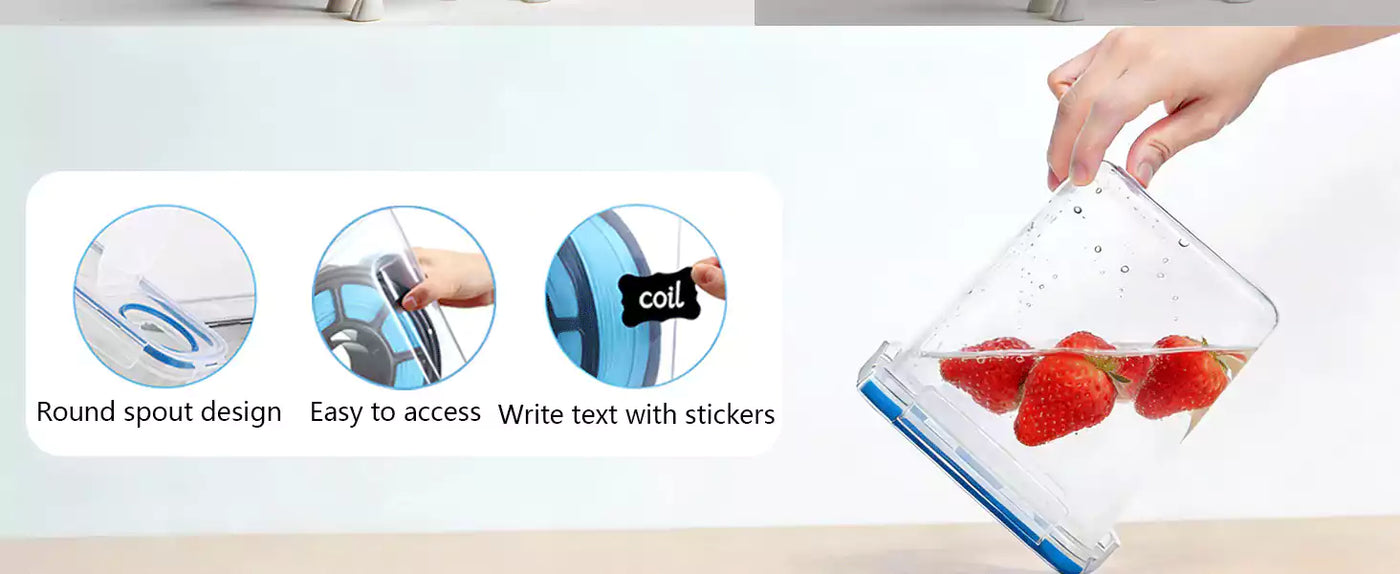 fumeclear 3D printer filament dryer box features: round spout design, easy access, label stickers and silicone sealed waterproof test with strawberries
