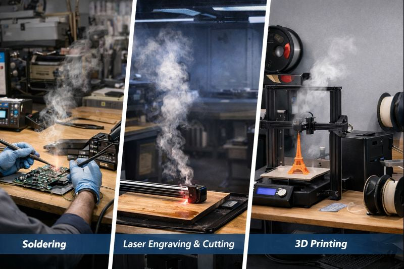 Workshop scenes of soldering, laser engraving, and 3D printing generating smoke and fumes, ideal use cases for the Fumeclear FC-2002A fume extractor