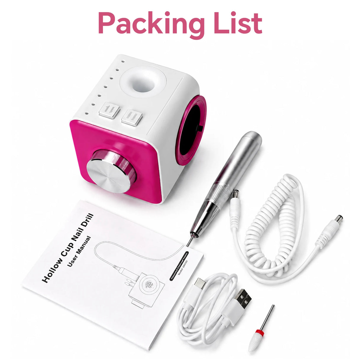 FUMECLEAR Nail Drill Full Packing List - Electric Nail Drill Machine, Handpiece, Bits, Cord, Manual and Accessories