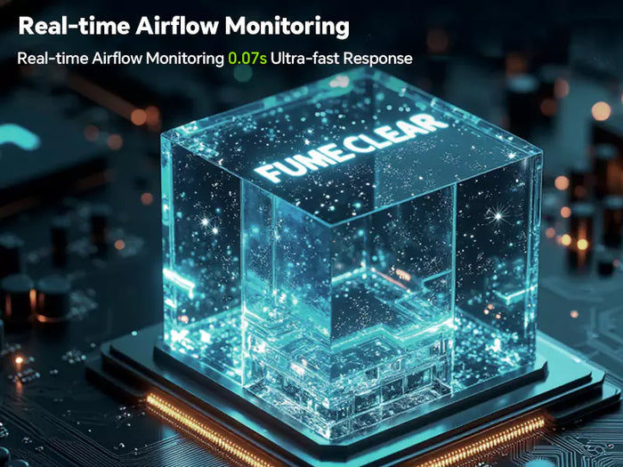 A glowing blue microchip on a circuit board illustrating the real-time airflow monitoring sensor system of the Fumeclear extractor with 0.07-second response.
