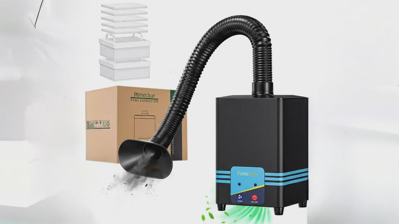 Demonstration of the FUMECLEAR FC-2001S desktop solder fume extractor in action
