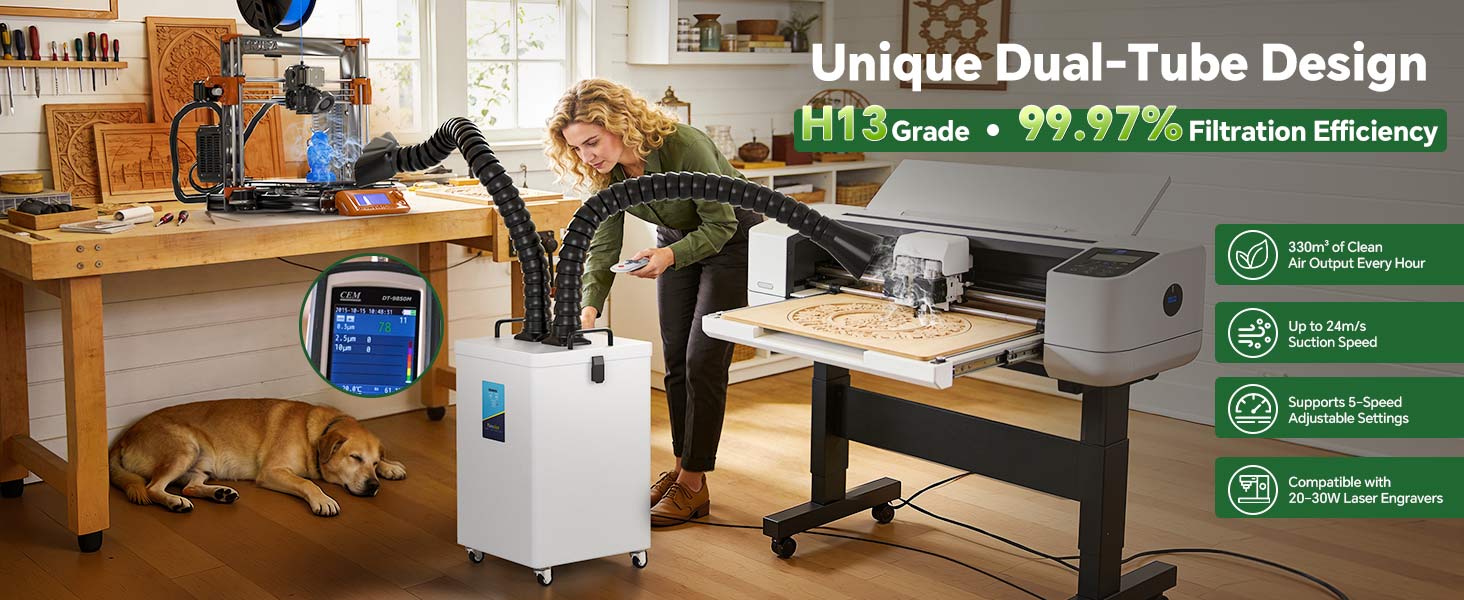 Professional woman operating 20-30W laser engraver with Fumeclear FC-2003 dual-tube fume extractor capturing smoke in home workshop